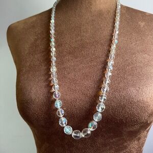 Vintage Aurora Borealis AB Crystal Glass Faceted Bead Necklace 30" Cottagecore